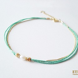 fresh water pearl and metal beads, cord anklet (emerald gree 第1張的照片