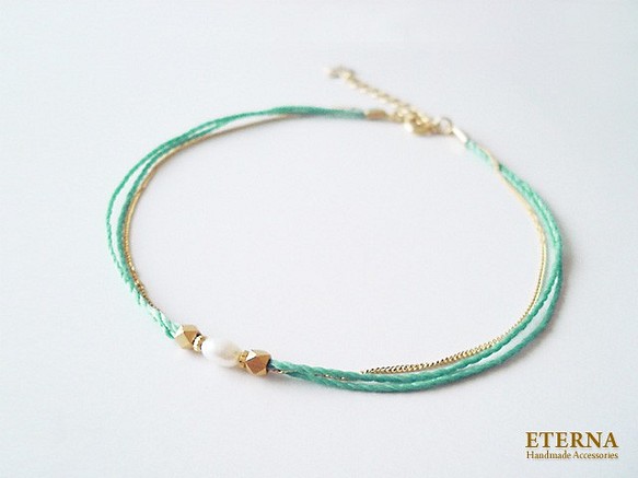 fresh water pearl and metal beads, cord anklet (emerald gree 第1張的照片