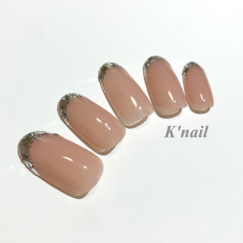 No 56ガラスフレンチネイル ベージュ ピンク シルバー ラメ シンプル 大人 ネイルチップ ネイルシール K Nail 通販 Creema クリーマ ハンドメイド 手作り クラフト作品の販売サイト