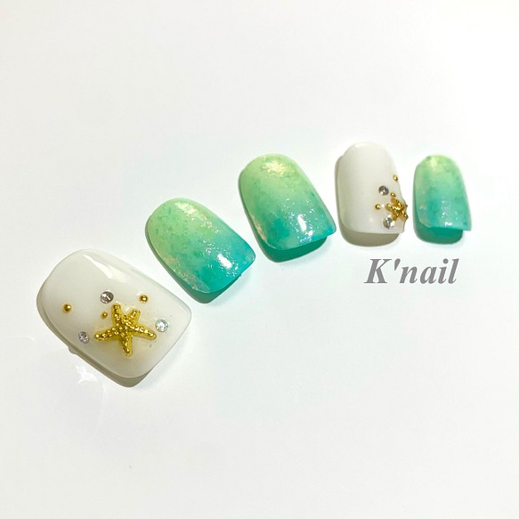 No 59グラデーションネイル イエロー ブルー グリーン ホワイト スターフィッシュ 夏 ネイルチップ ネイルシール K Nail 通販 Creema クリーマ ハンドメイド 手作り クラフト作品の販売サイト