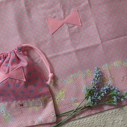 入学★給食セット☆巾着＆ナフキン☆アニマル☆くま　いぬ　女の子★ピンク&水玉 1枚目の画像