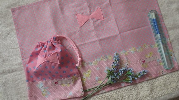 入学★給食セット☆巾着＆ナフキン☆アニマル☆くま　いぬ　女の子★ピンク&水玉 1枚目の画像