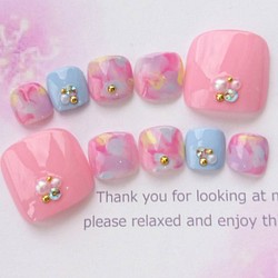 送料無料♡ペディ用♡サンダルにオススメ♡女子力UP♡パステルマーブルとピンクと水色のネイルチップ♡3 1枚目の画像