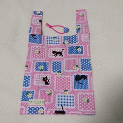 キッズ用レジ袋型エコバッグ(黒猫ピンク) 1枚目の画像