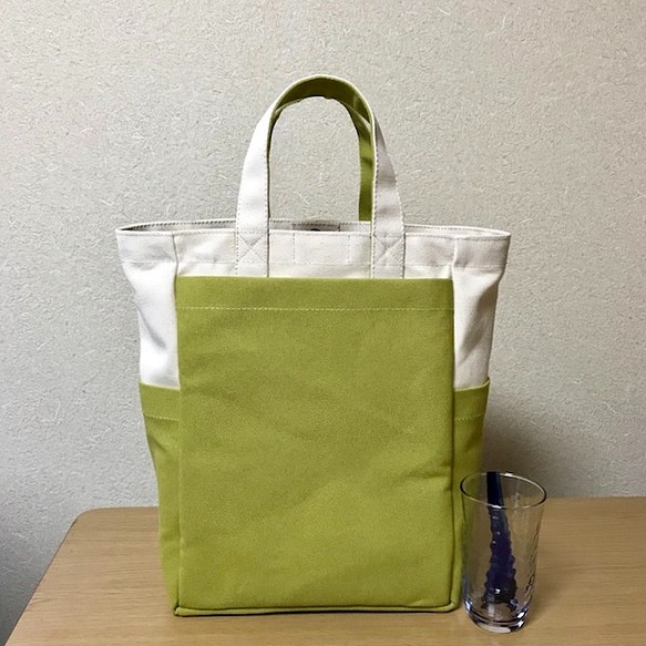 【訂購生產】“Box Tote”前長款“Generation Ri×Hiwa Green”帆布手提包Kurashiki Canv 第1張的照片