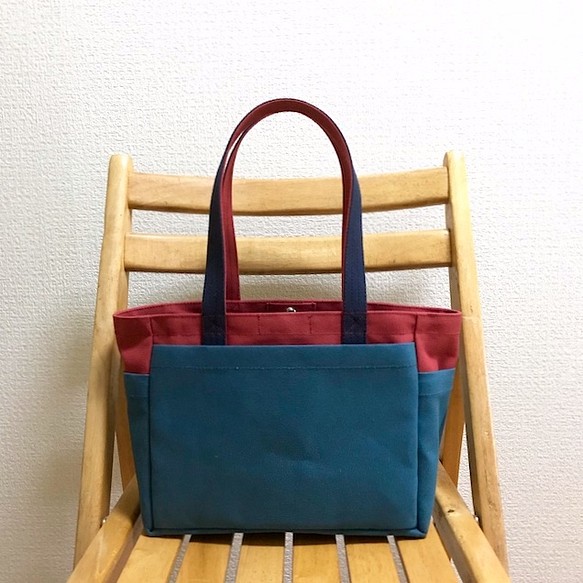 “Box tote”小號“Canyon red x navy（紺）x礦物藍”帆布手提包Kurashiki帆布No.8 [訂單製作 第1張的照片