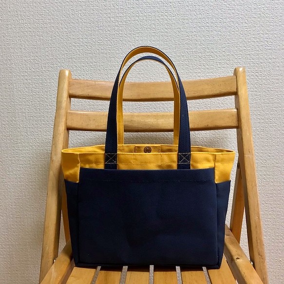 “Box tote”小號“Mustard x Navy (海軍藍)”倉敷帆布 Izumi 棉帆布 [定做] 第1張的照片