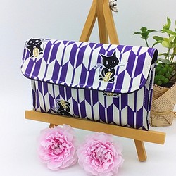 完売ミニ財布⭐︎猫と矢絣柄&デニム（紫）和柄 1枚目の画像