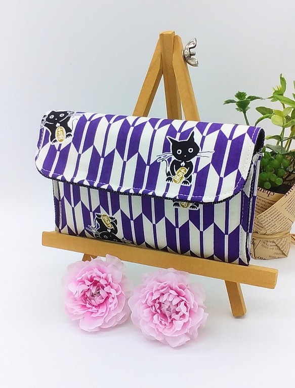 完売ミニ財布⭐︎猫と矢絣柄&デニム（紫）和柄 1枚目の画像