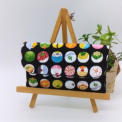 【再販】全5カラー☆ミニ財布☆手まり寿司とインコ&デニム（ブラック） 1枚目の画像