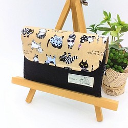 全3カラー☆コンパクト財布⭐︎猫と小花柄&デニム（モカブラウン） 1枚目の画像