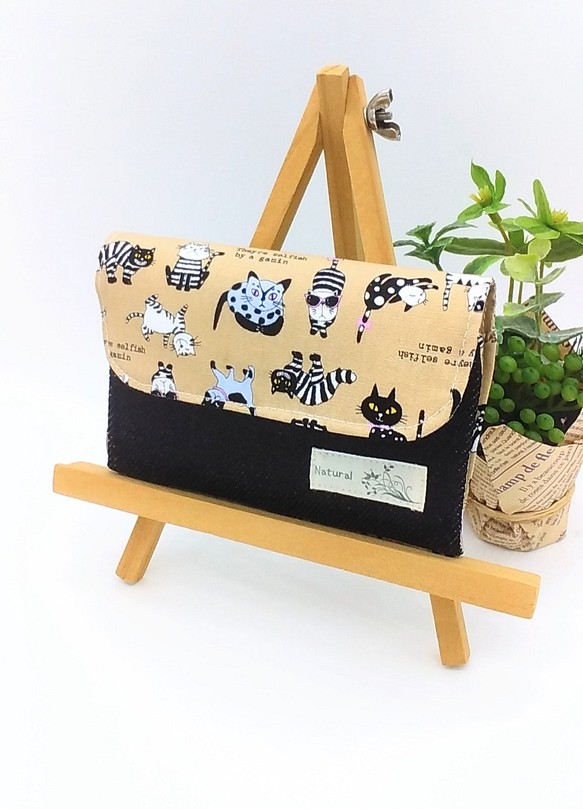 全3カラー☆コンパクト財布⭐︎猫と小花柄&デニム（モカブラウン） 1枚目の画像