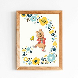 北欧ポスター「ひよことクマさん」　A4・花柄・ブルー 1枚目の画像