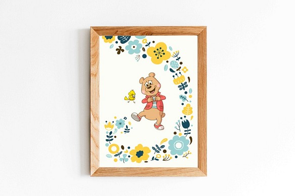 北欧ポスター「ひよことクマさん」　A4・花柄・ブルー 1枚目の画像