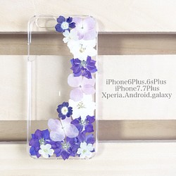 blue purple white 詰め合わせ押し花 iPhone スマホ ケース 1枚目の画像