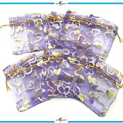 IM26 レース 巾着 約9×7cm 20枚セット ミニ 袋 ラッピング パープル 紫 キラキラ ハート 結婚式 誕生日 1枚目の画像