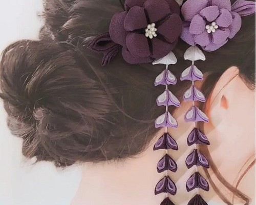 【紫系】カメリア 豪華つまみ細工髪飾り 布花ヘアアクセ 上品 華やか 前撮り 成人式 振袖 神前式 和婚 着物女子コーデ