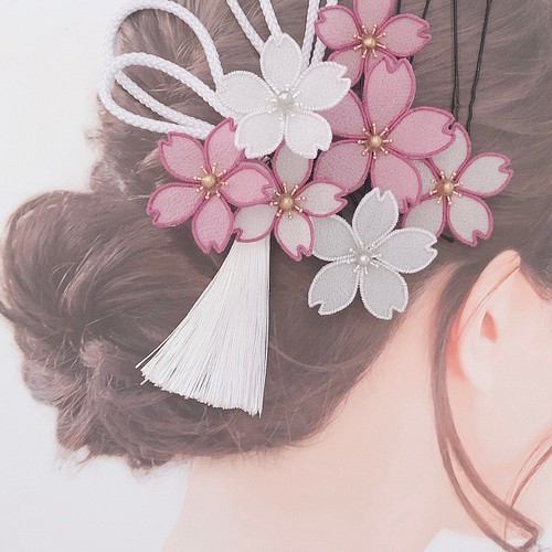 再販【白×あやめ色】桜 つまみ細工髪飾り 布花ヘアアクセ 簪 かんざし 