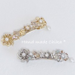 天然石とパールの花バレッタ（シルバー） バレッタ Hand made Chika