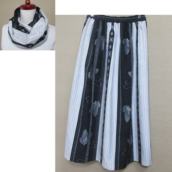 着物リメイク　スヌード付き　７７㎝丈　越後絵絣の手織り真綿紬から作ったスカート 1枚目の画像