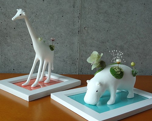 【夏の福袋】 moss hippo（モスヒッポ）& giraffe(モスジラフ)　2点セット_カバ&キリンと植物の置物