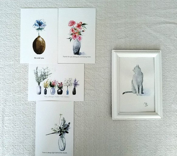 猫の水彩画　＆　ポストカード4枚　計5点set❣ 1枚目の画像