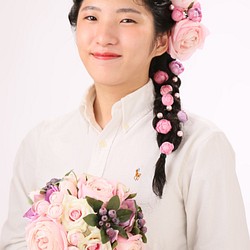 婚禮花束♪＆胸花和頭飾三件套裹在玫瑰 第1張的照片