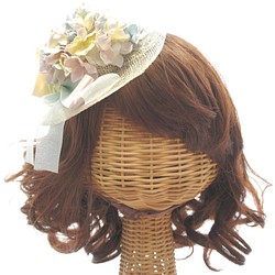【超特価】紫陽花とシザル製ミニ麦わら帽子の髪飾り 1枚目の画像