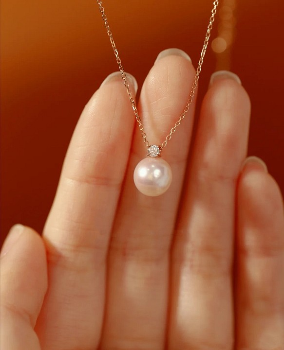 【高級】天然あこや真珠　天然ダイヤモンド付き一粒ネックレスk18