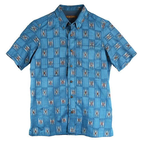 着物アロハシャツ ブルーの色味・チェック柄 L069 着物リメイク シャツ 