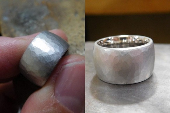鍛造 結婚指輪 プラチナ pt900 槌目 幅広い 太い 平甲丸 リング 幅10mm つや消し 1枚目の画像