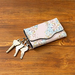 【花雪原創鑰匙包】英文玫瑰珍珠藍【花卉圖案】 第1張的照片