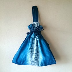 藍染め麻の葉柄巾着型ワンハンドルバック/和風 1枚目の画像