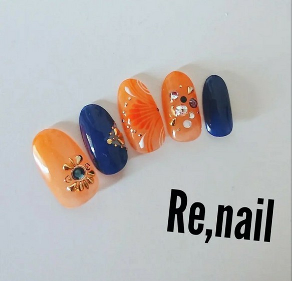 シアーオレンジ シンプルエスニックネイル ネイルチップ ネイルシール Re Nail 通販 Creema クリーマ ハンドメイド 手作り クラフト作品の販売サイト