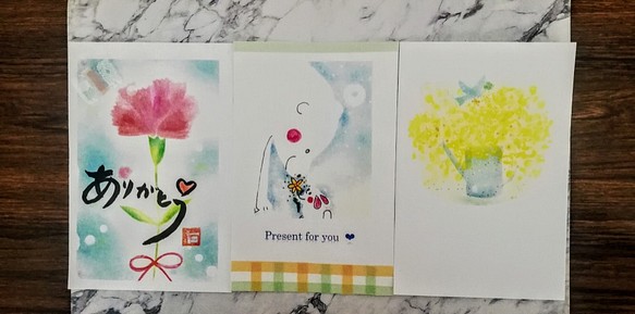 母の日カード、しろくまカード、春のあいさつミモザカード　３枚セット 1枚目の画像