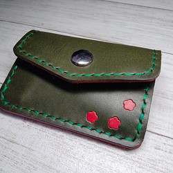 コインケース（花柄）、牛本革(緑色)　altoレザー(国産、国内製造レザー)使用　手縫い、ツートンカラー 1枚目の画像