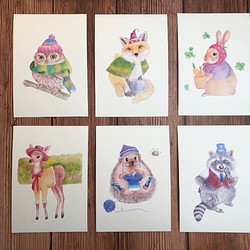 手描きのかわいい森の動物-ポストカード（6枚の写真） 1枚目の画像