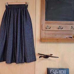 受注制作/デニム調コットンリネンのギャザースカート(ブルー系) 1枚目の画像