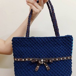 【造型織帶款】手工棉線編織    Macrame Bag    藏青色 托特包 第1張的照片