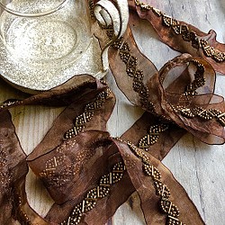 ビーズ刺繍のオーガンジーリボン　Brown×Gold 1枚目の画像