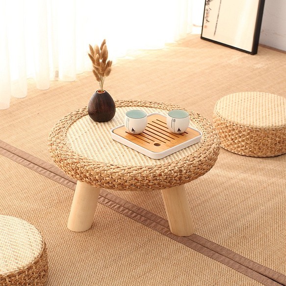 籐たたみテーブル小さなコーヒーテーブル和風出窓テーブル丸型無垢材禅 