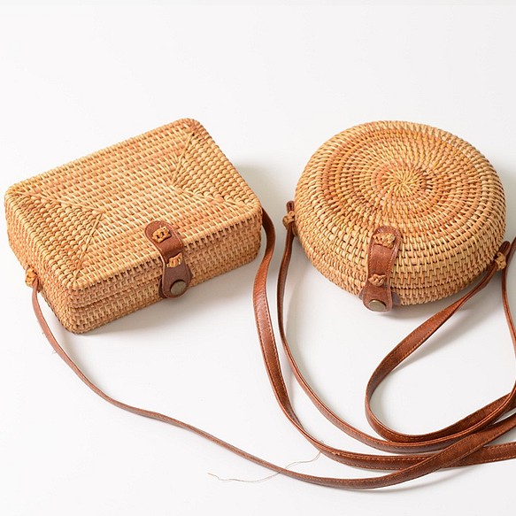 お洒落moriガールの草編みカジュアルプチバッグ ラウンドバッグ mini bag 四角　丸形状 1枚目の画像