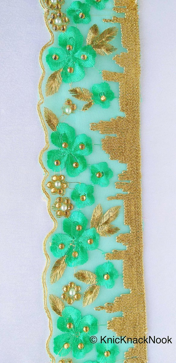 インド刺繍リボン 緑 刺繍レース 四つ葉のクローバー 幸運 北欧 金 パール