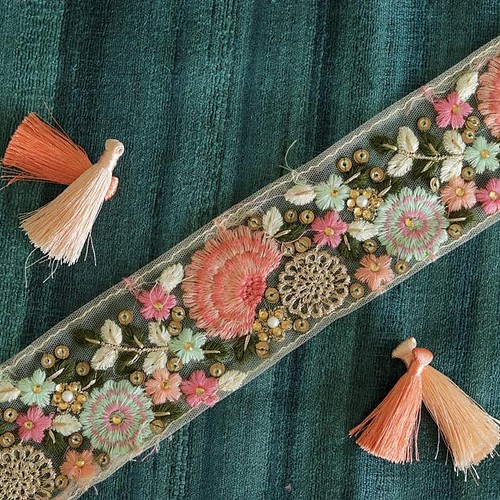 インド刺繍リボン ピンク花 フラワー チロリアンテープ ボタニカル