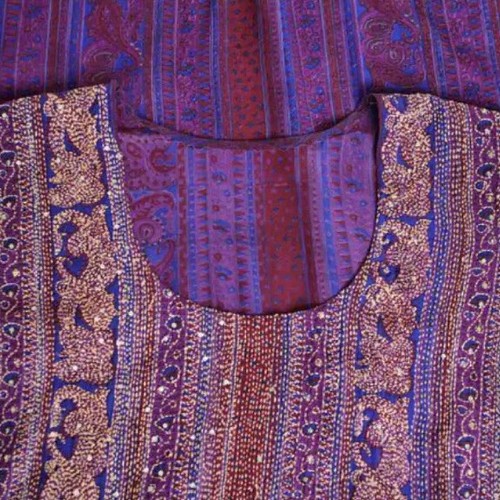 インド 手刺繍 シルク100% ドレス ワンピース 刺し子 紫 カシミール 