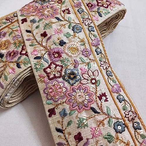 インド刺繍リボン シルク100% 着物帯 花柄 エスニック アジアン 布 