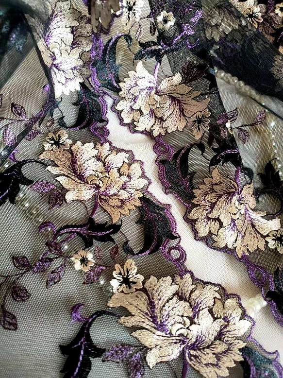 ブラック 黒 刺繍レース 白 紫 ゴージャスフラワー 和柄 着物 ...