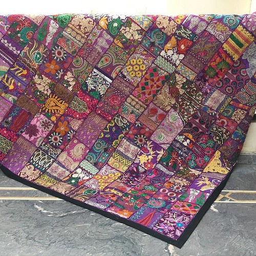 インド刺繍 パッチワークラグ 手作り 紫 アンティーク アジアン 敷物 3 