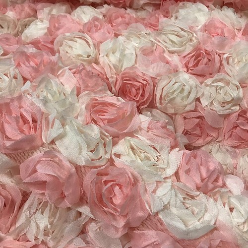 花 チュール レース 薔薇 バラ ピンク 白 3D 立体 ドレス 生地 布 結婚 