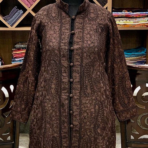 インド カシミール刺繍 コート ハンドメイド 総刺繍 刺し子 ウール100% エスニック ペイズリー 茶色 パシュミナ